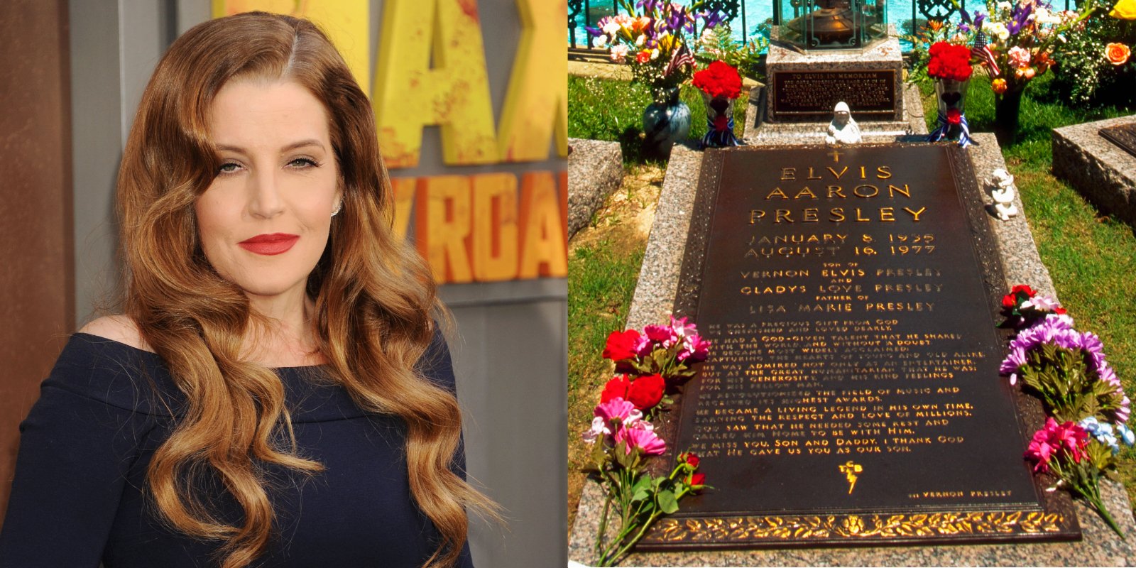 Lisa Marie Presley in a side-by-side photograph taken alongside her father Elvis Presley's Graceland grave.