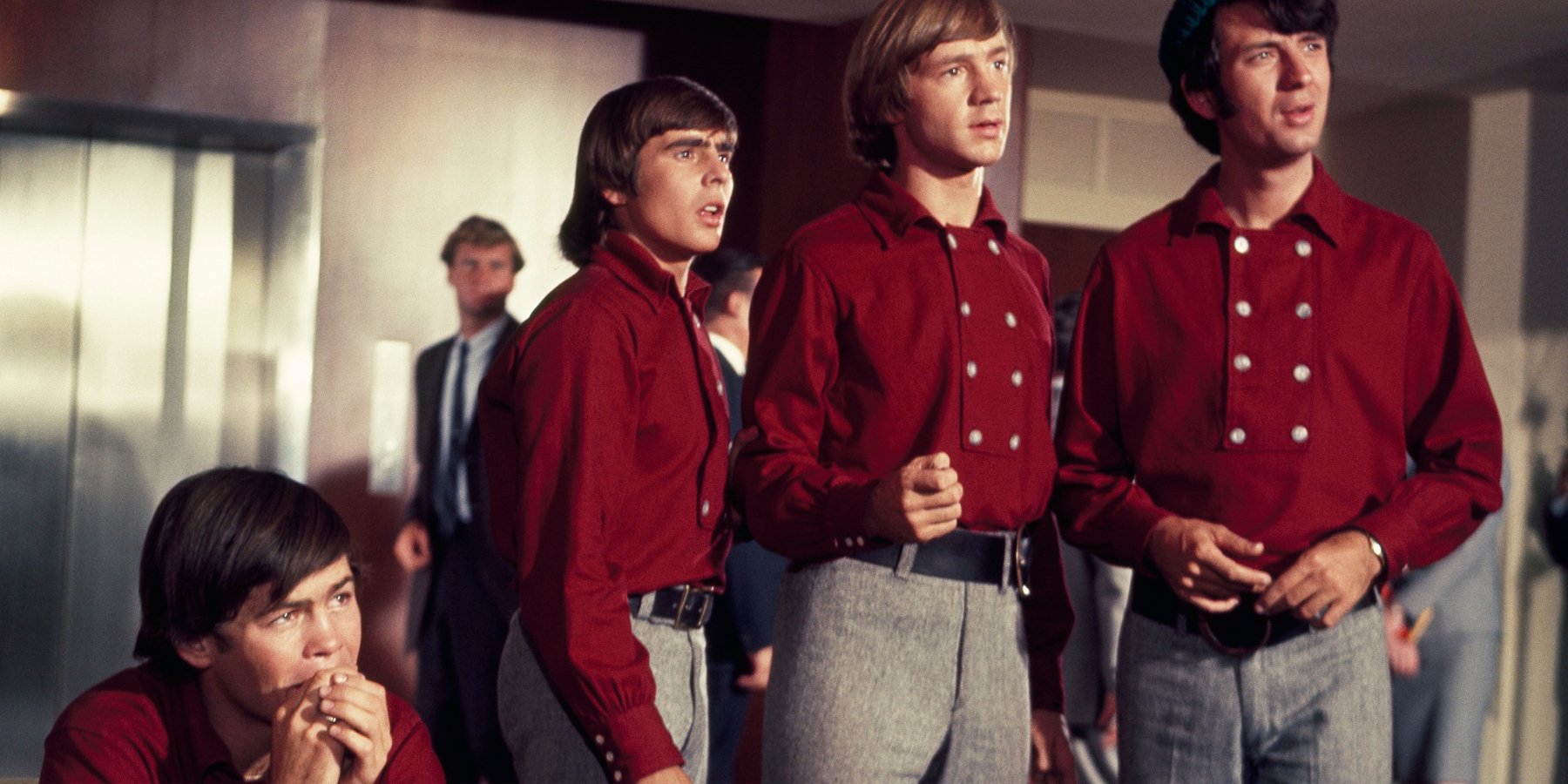 The Monkees cast includes Davy Jones, Mike Nesmith, Mickey Dolenz, and Peter Tork.