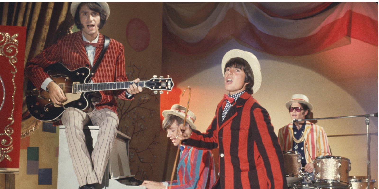 Mike Nesmith, Peter Tork, Davy Jones, and Micky Dolenz on the set of 'The Monkees.'