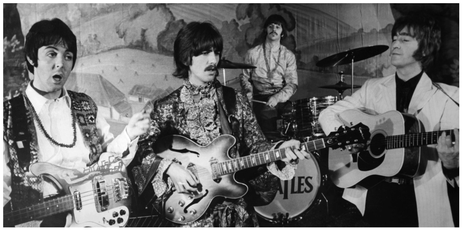Paul McCartney, George Harrison, Ringo Starr and John Lennon on the stage of the Saville Theatre in 1968 in London, United Kingdom.