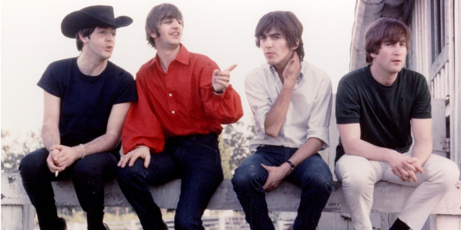 Paul McCartney, Ringo Starr, George Harrison and John Lennon on the set of the movie 'Help!'