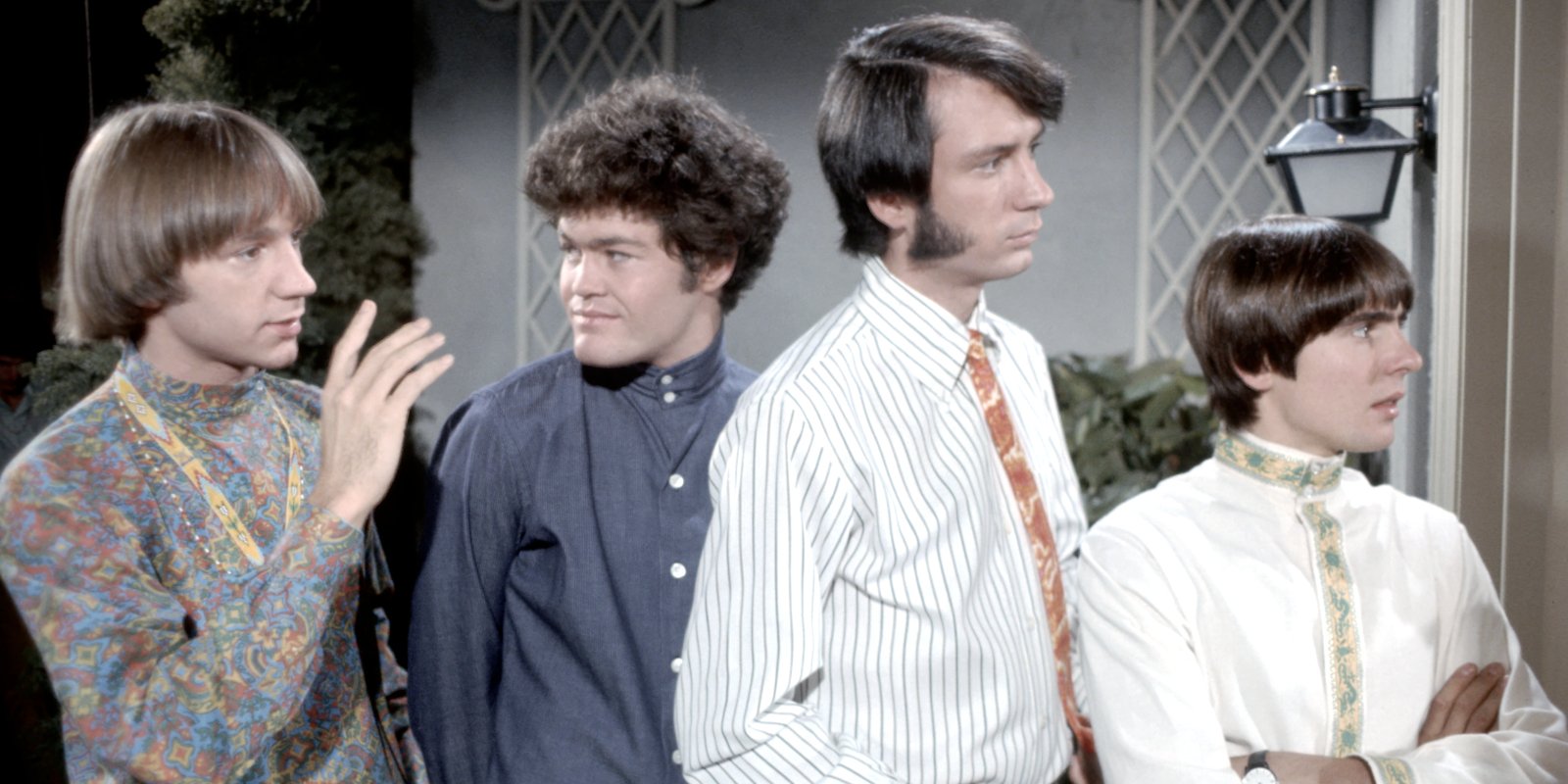 Peter Tork, Micky Dolenz, Davy Jones, and Mike Nesmith on the set of the television series 'The Monkees.'