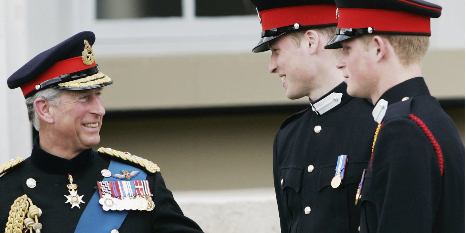 Prince Charles, Prince William, and Prince Harry stand on the steps of the Old College at Sandhurst Military Academy with their father Prince Charles, Prince of Wales after the Sovereign's Parade on April 12, 2006 in Surrey, England.