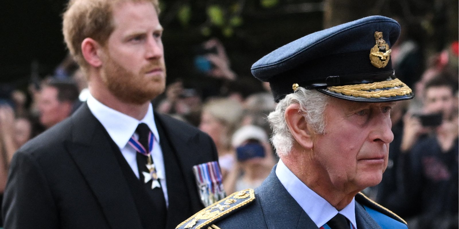 Prince Harry and King Charles III at the funeral procession for Queen Elizabeth II.