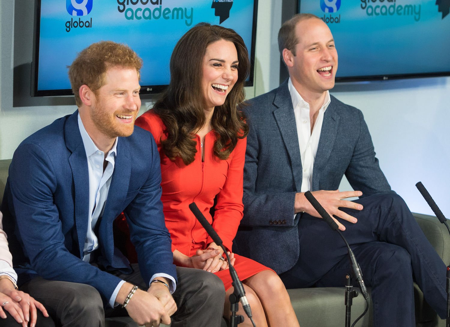 Prince Harry, Kate Middleton, Prince William laughing during 2017 opening of The Global Academy in support of Heads Together