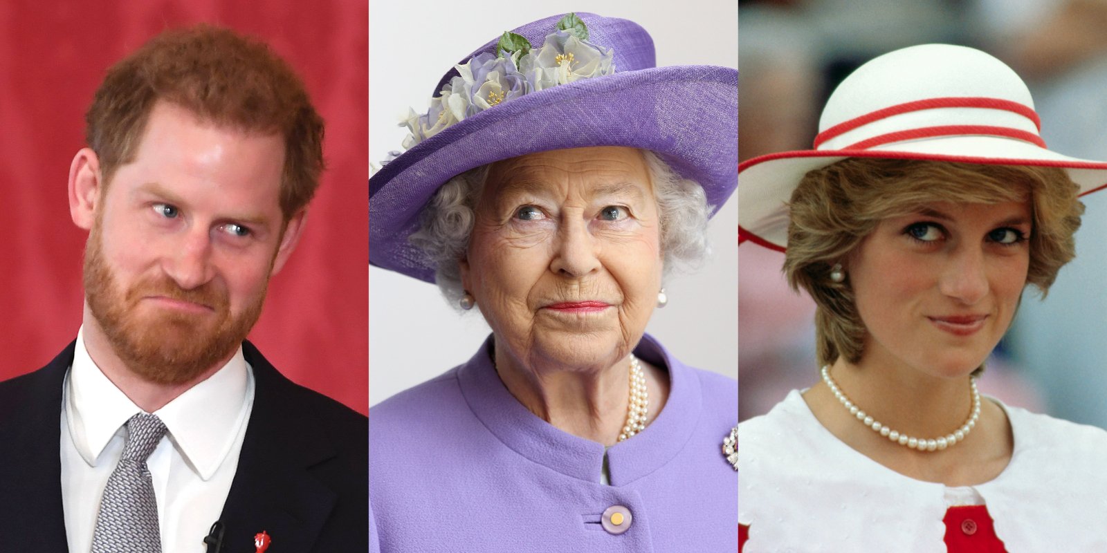 Prince Harry, Queen Elizabeth II and Princess Diana in side-by-side photographs.