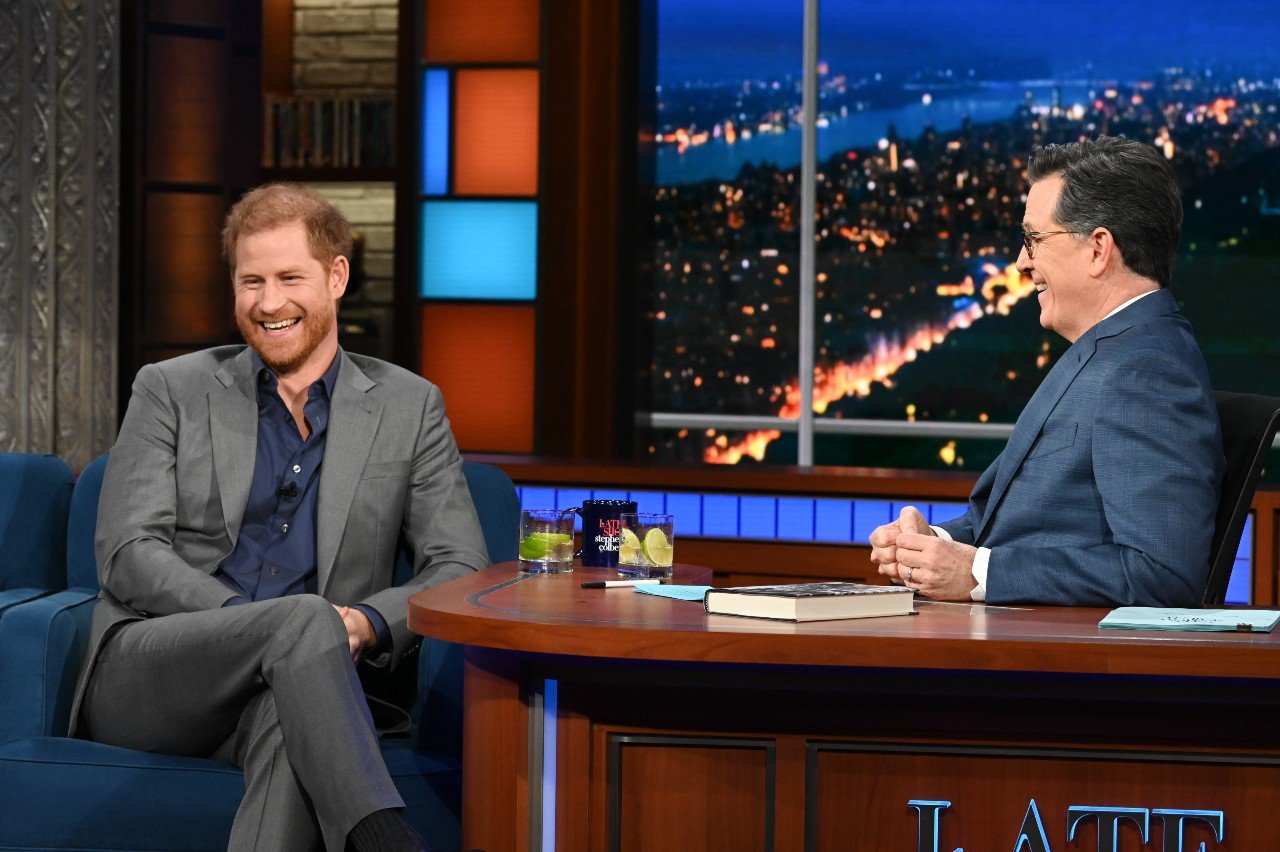 Prince Harry talks with Stephen Colbert.