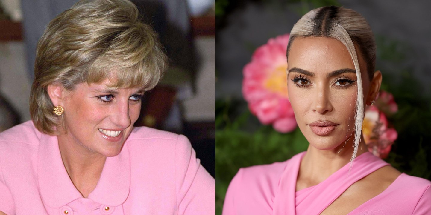 Princess Diana and Kim Kardashain wear pink in side by side photographs.