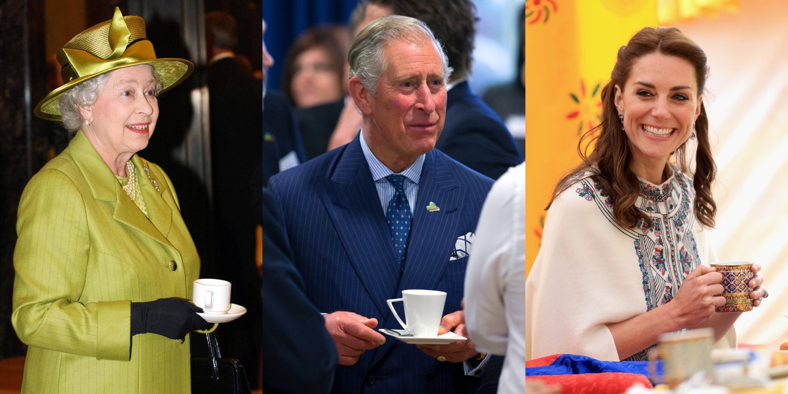 Queen Elizabeth, King Charles and Kate Middleton in a composite set of photographs drinking tea.