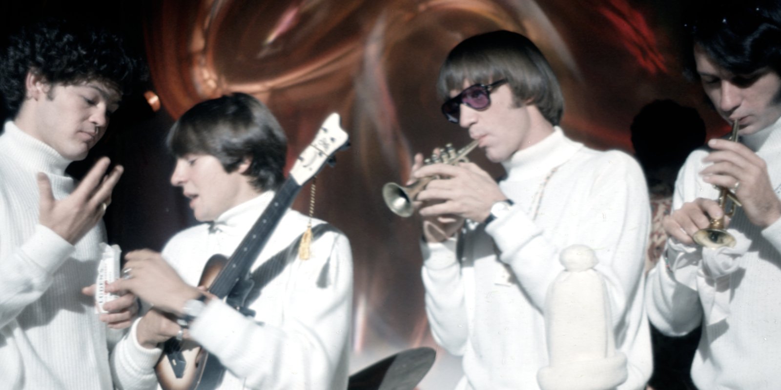 Micky Dolenz, Davy Jones, Peter Tork, and Mike Nesmith on the set of 'The Monkees.'