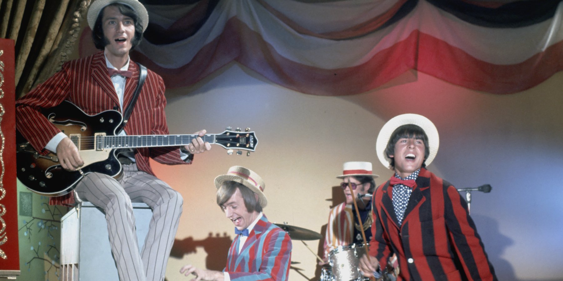 Mike Nesmith. Peter Tork, Micky Dolenz, and Davy Jones on the set of 'The Monkees.'