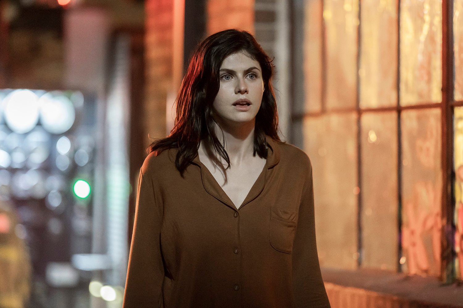 Alexandra Daddario as Dr. Rowan Fielding with a shocked expression on her face in Mayfair Witches