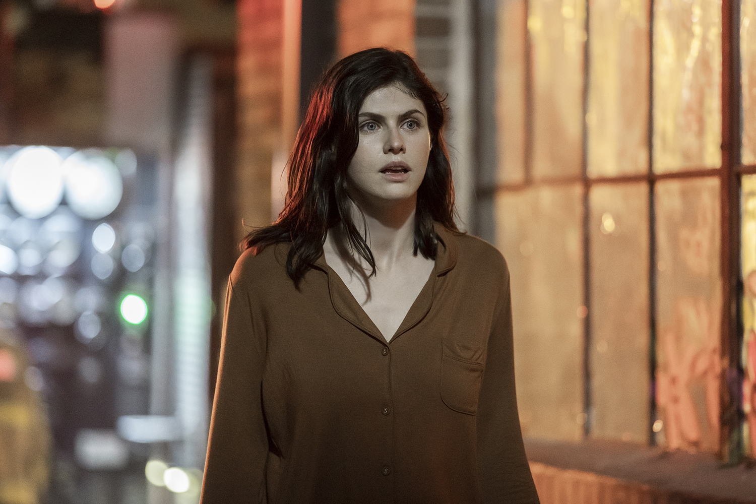 Alexandra Daddario as Dr. Rowan Fielding with a shocked expression on her face in Mayfair Witches