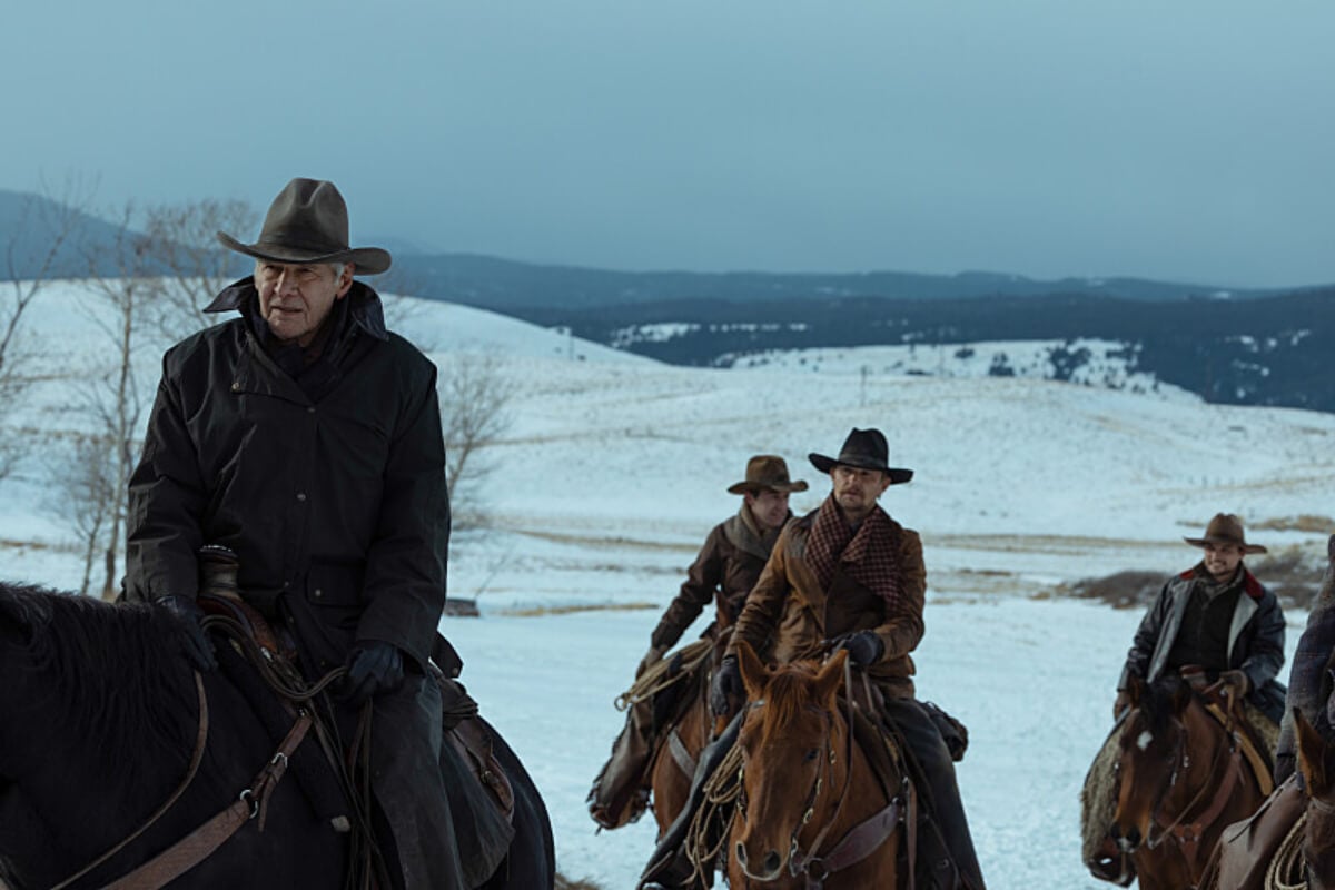 In 1923 Episode 7, Harrison Ford rides a horse through the snow with his ranch hands.