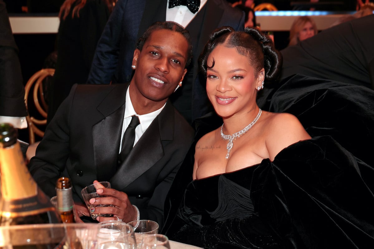 A$AP Rocky and Super Bowl Halftime Show performer Rihanna seated at the Golden Globes
