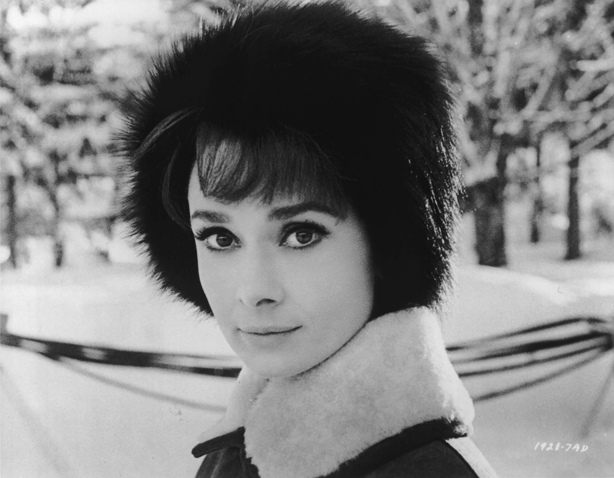 A black-and-white photo of Audrey Hepburn