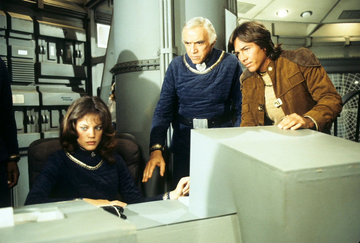 'Battlestar Galactica' cast members Maren Jensen, Lorne Greene, and Richard Hatch