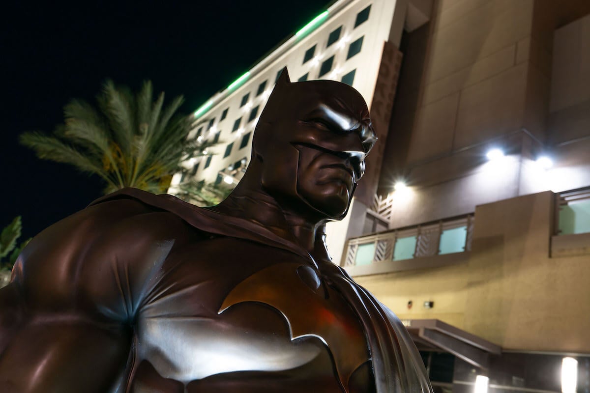close-up of a statue of Batman