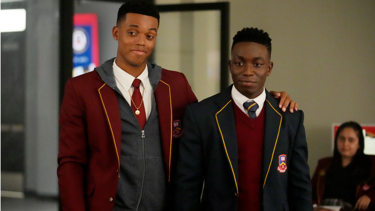 Jabari Banks as Will and Olly Sholotan as Carlton standing next to each other during 'Bel-Air' Season 2 Episode 1