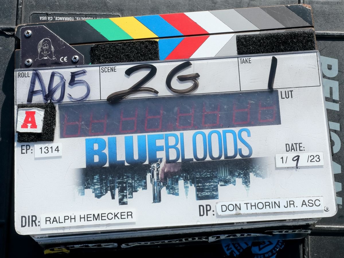 A film clapper featuring the "Blue Bloods" logo