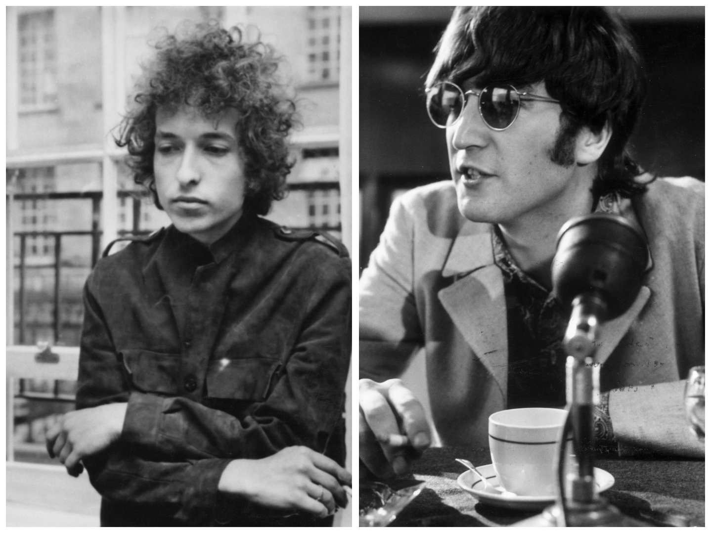 A black and white picture of Bob Dylan leaning against a window sill. John Lennon sits at a table in front of a microphone.