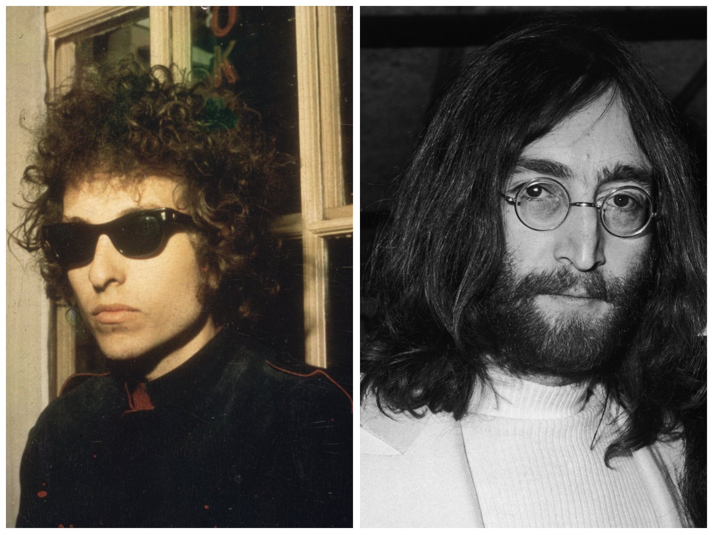 Bob Dylan wears sunglasses and stands in front of a window. A black and white picture of John Lennon wearing a white turtleneck and glasses.