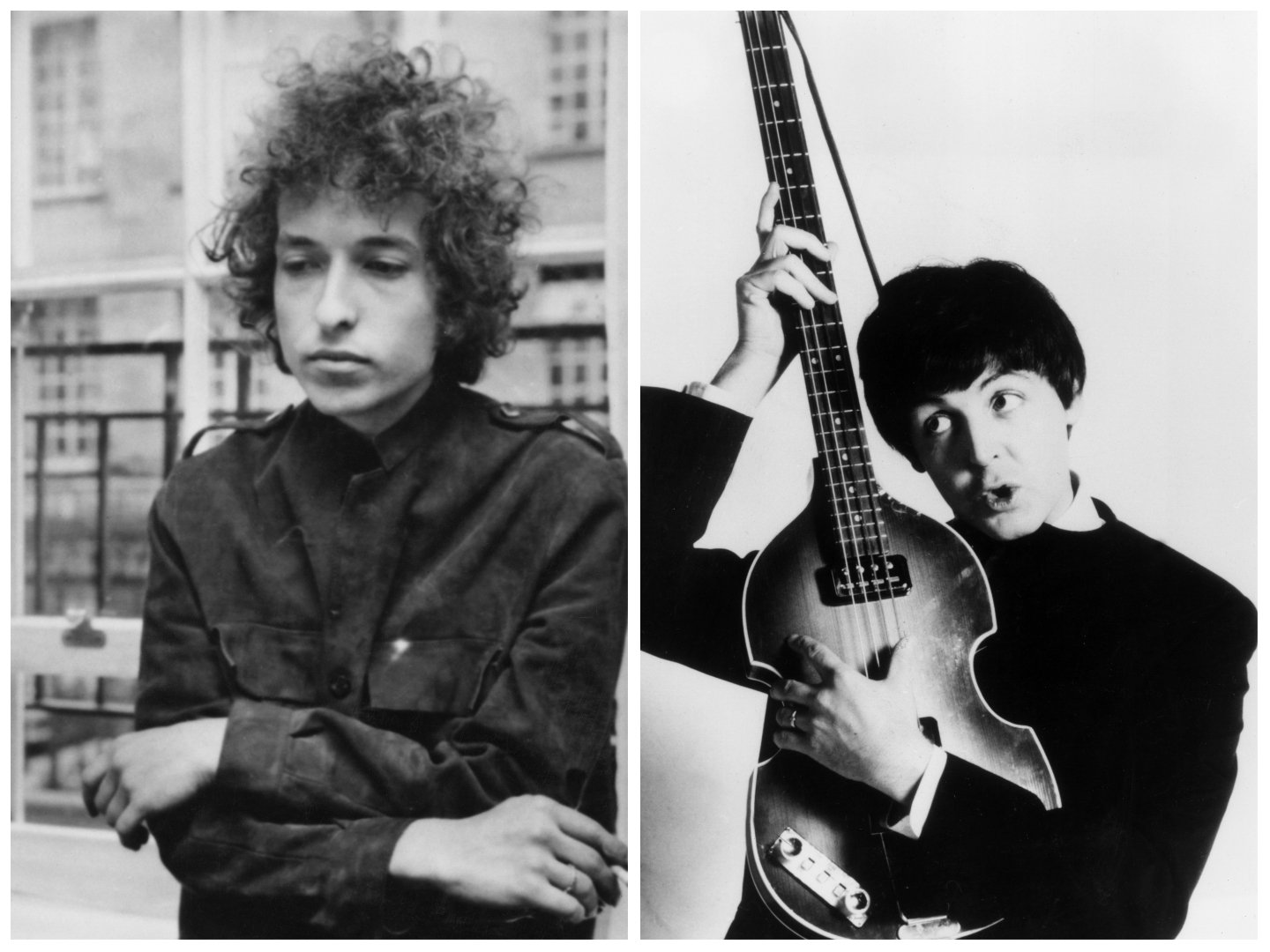 A black and white picture of Bob Dylan leaning against a window. Paul McCartney holds up his bass guitar.