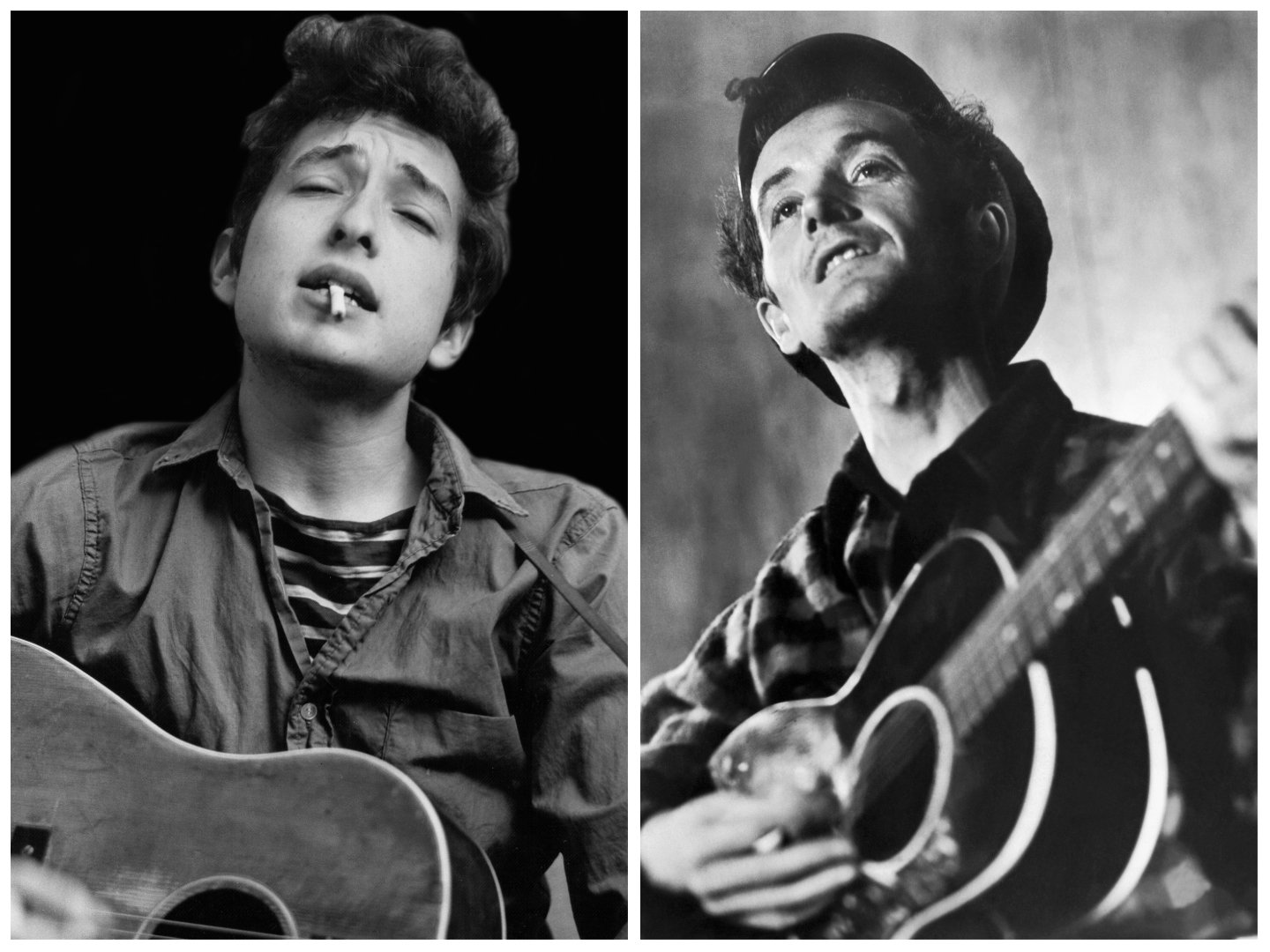 A black and white picture of Bob Dylan playing guitar with a cigarette in his mouth. Woody Guthrie wears a hat and plays guitar.
