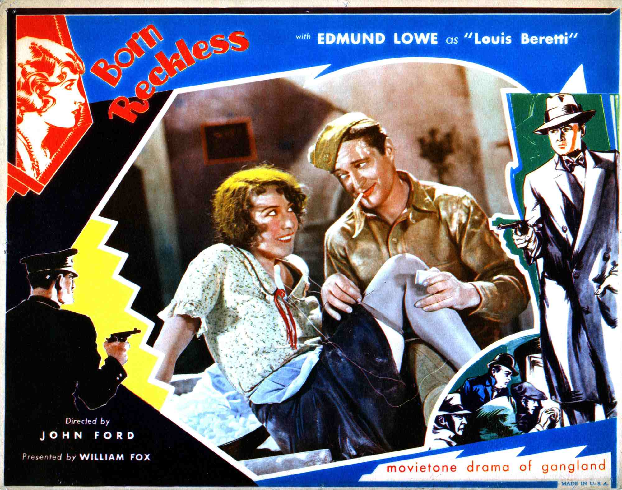 'Born Reckless' Marguerite Churchill as Rosa Beretti and Edmund Lowe as Louis Beretti smiling as he holds onto her leg.