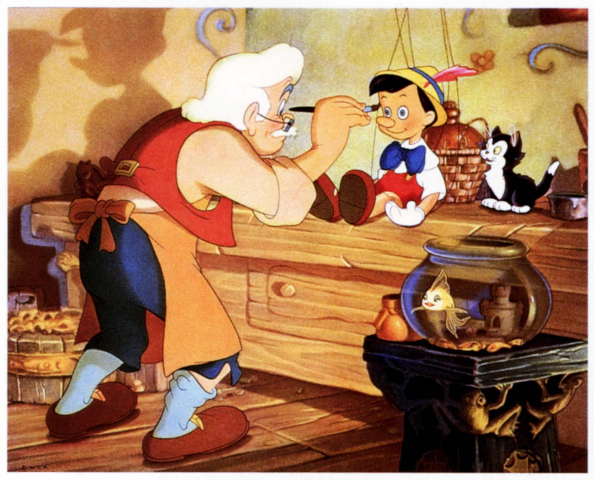 Box office flop 'Pinocchio' Gepetto (voiced by Christian Rub), Pinocchio (voiced by Dickie Jones), and Figario (voiced by Clarence Nash), and Cleo. Gepetto is using a tool on Pinocchio on the workshop table.