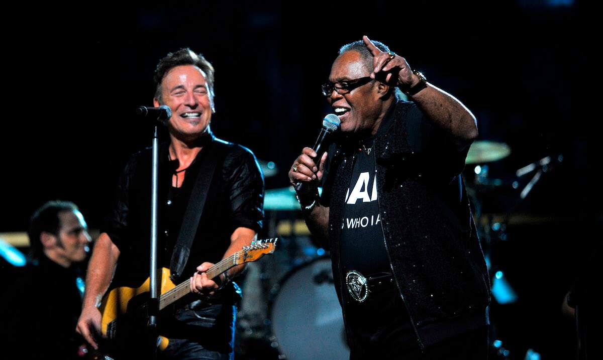 Singers Bruce Springsteen and Sam Moore performs on stage for the 25th Anniversary Rock & Roll Hall of Fame Concert in 2009