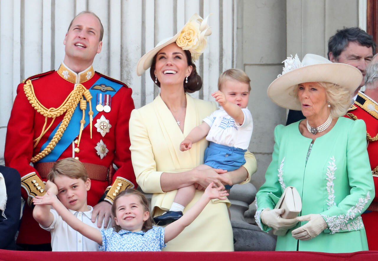 Prince Louis, Prince George, Prince William, Princess Charlotte, Kate Middleton, and Camilla Parker Bowles during Trooping The Colour, the Queen's annual birthday parade, on June 08, 2019 in London, England.