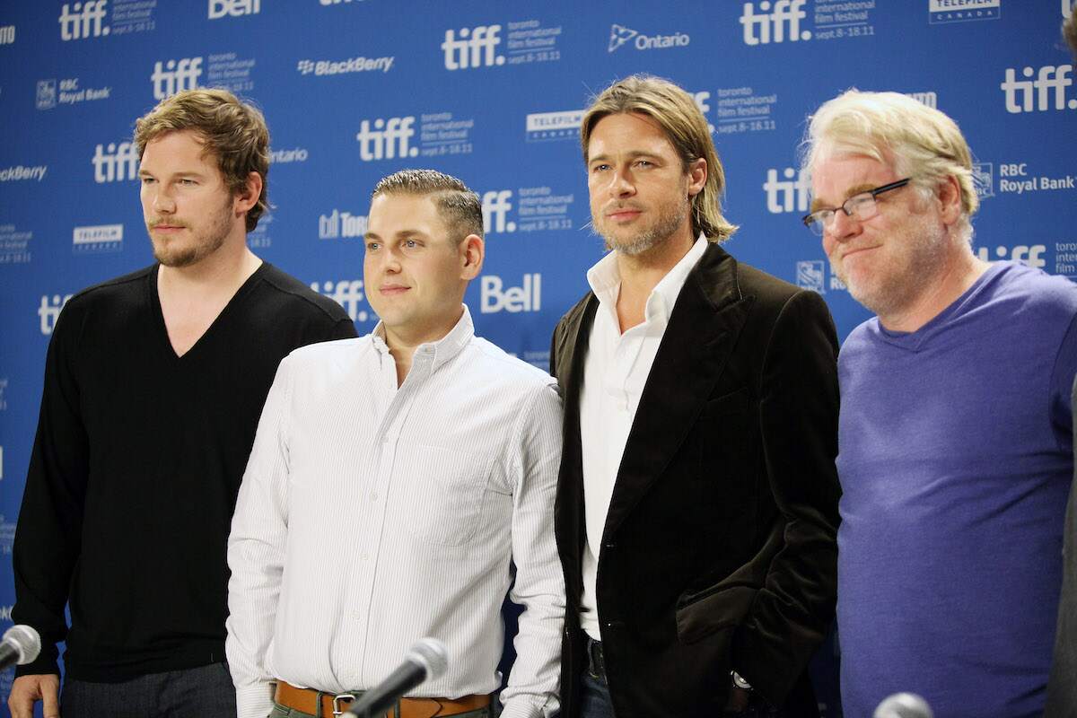 Chris Pratt, Jonah Hill, Brad Pitt, and Philip Seymour Hoffman attend a "Moneyball" press conference in 2011