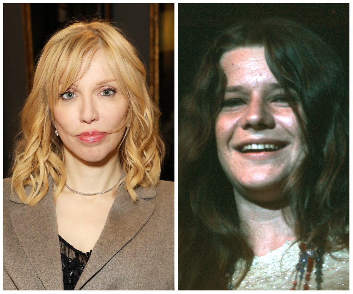 Composite photo of rock singers Courtney Love and Janis Joplin.