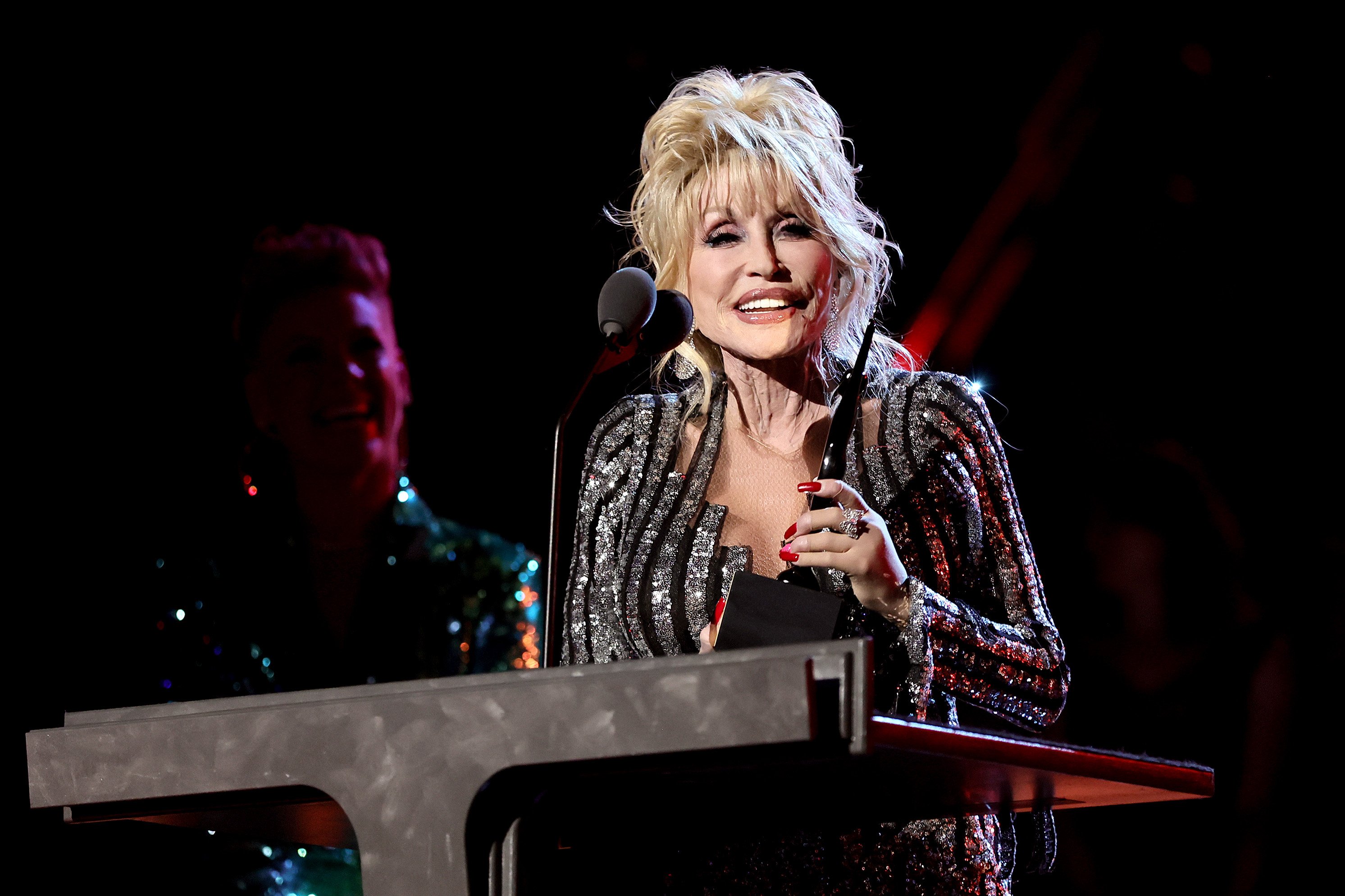 Dolly Parton speaks onstage at the 37th Annual Rock and Roll Hall of Fame Induction Ceremony in Los Angeles, California