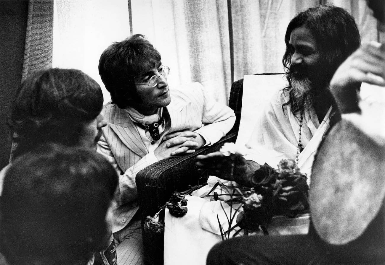 Paul McCartney, George Harrison, John Lennon, and the Maharishi Mahesh Yogi in Bangor, Wales, 1968.