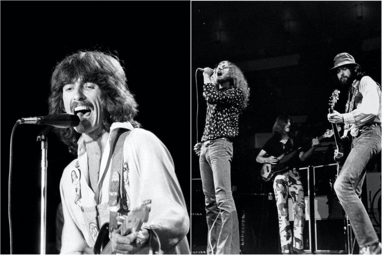 George Harrison (left) plays guitar during a concert circa 1970; Led Zeppelin's Robert Plant, John Paul Jones, and Jimmy Page on stage in 1977.