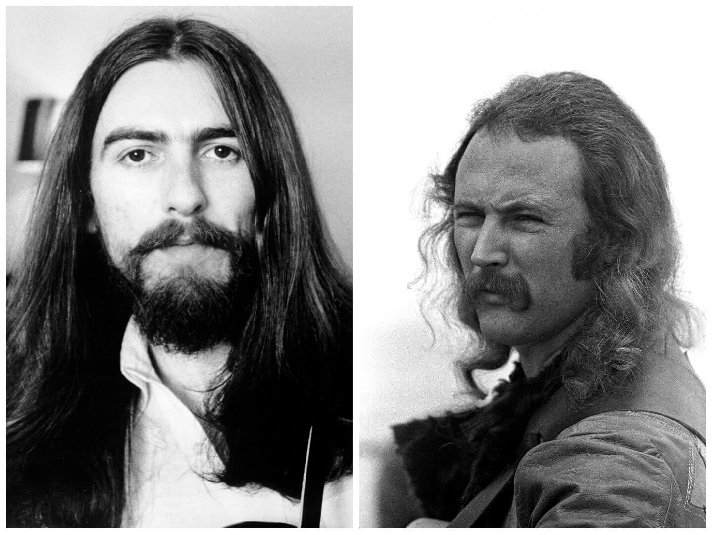A black and white picture of George Harrison with long hair. David Crosby turns to face the camera.