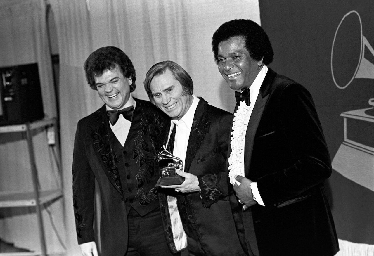 Conway Twitty, George Jones, and Charley Pride at the 1981 Grammy Awards at Radio City Music Hall in New York City on February 25, 1981.