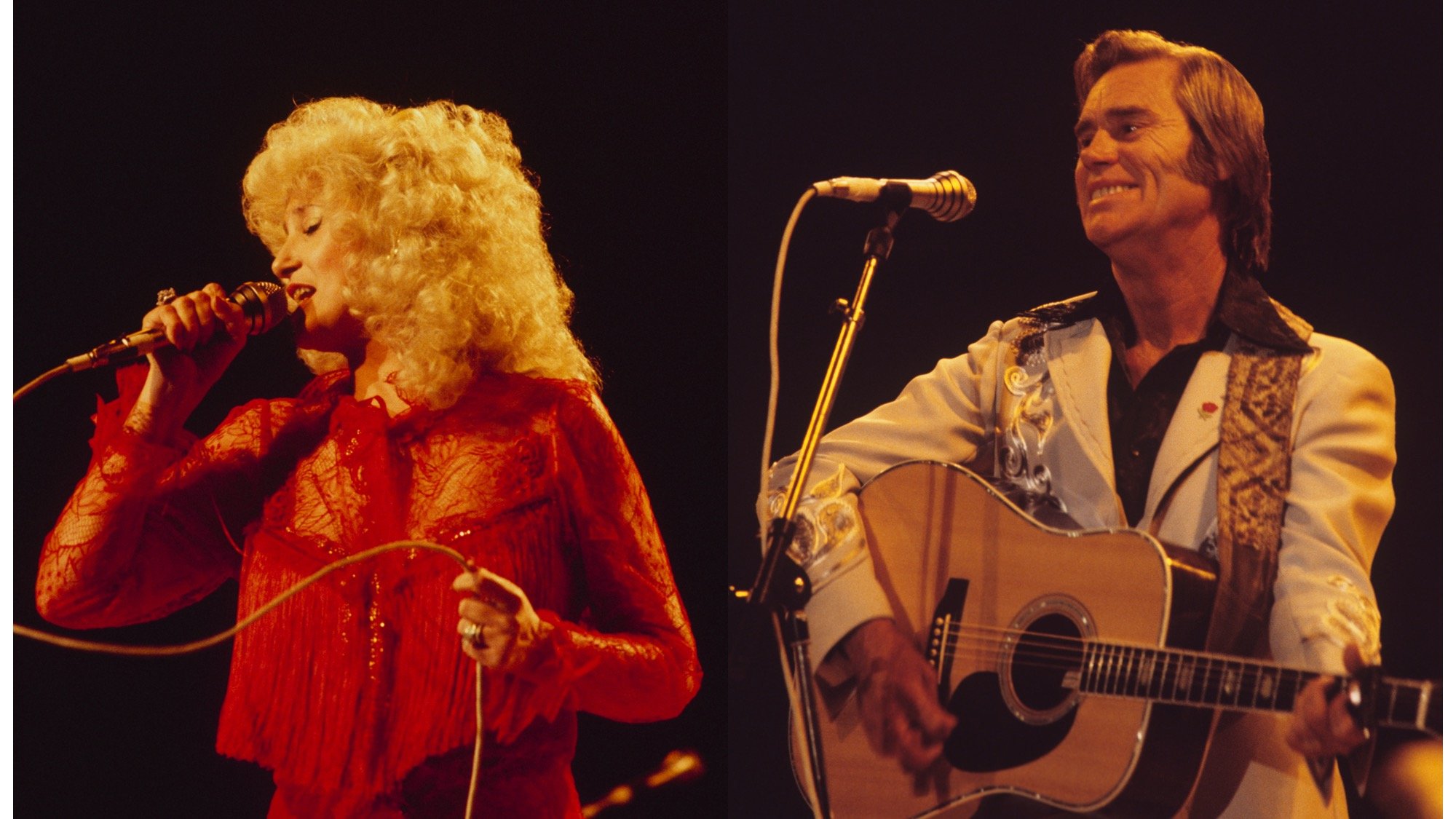 (L) Tammy Wynette performs on stage at the Country Music Festival held at Wembley Arena, London, in April 1981. (R) George Jones performs on stage at the Country Music Festival held at Wembley Arena, London, in April 1981.
