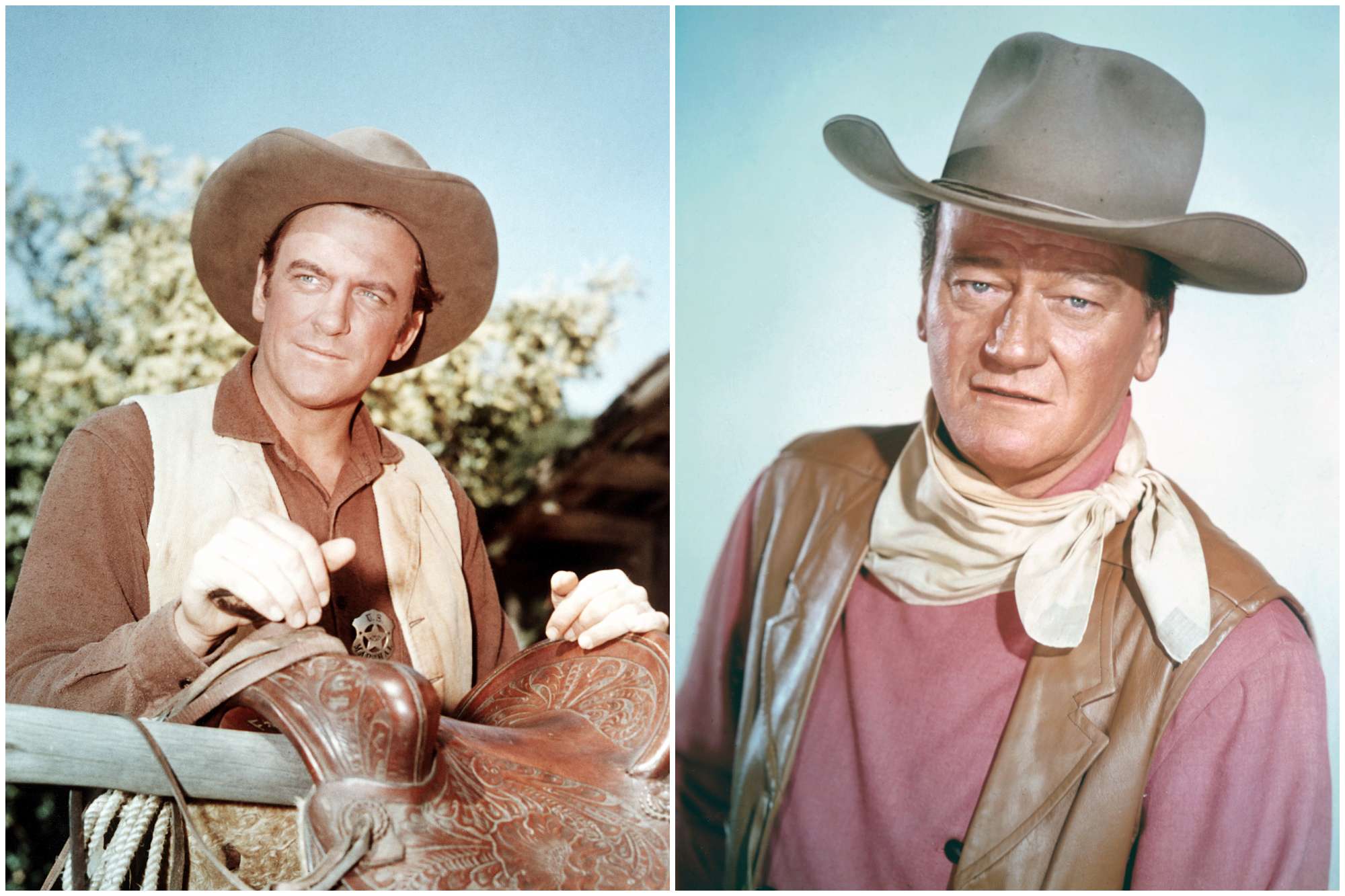 'Gunsmoke' actor James Arness and movie star John Wayne. Arness is wearing a Western costume with his hands on a horse saddle. Wayne is looking into the camera wearing. Western costume.