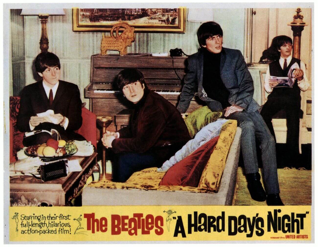 The Beatles pose in a living room for the movie 'A Hard Day's Night.'