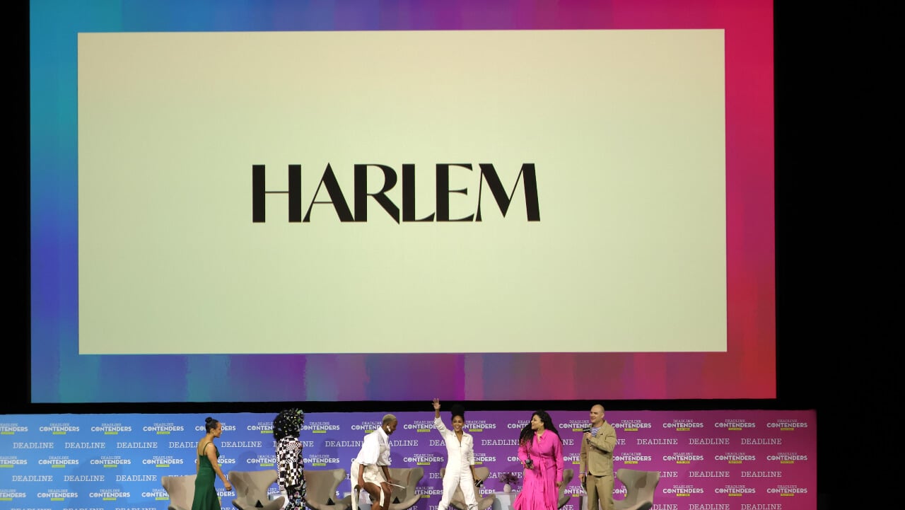 Grace Byers, Shoniqua Shandai, Jerrie Johnson, Meagan Good speaking onstage during Amazon Prime Video's 'Harlem' panel
