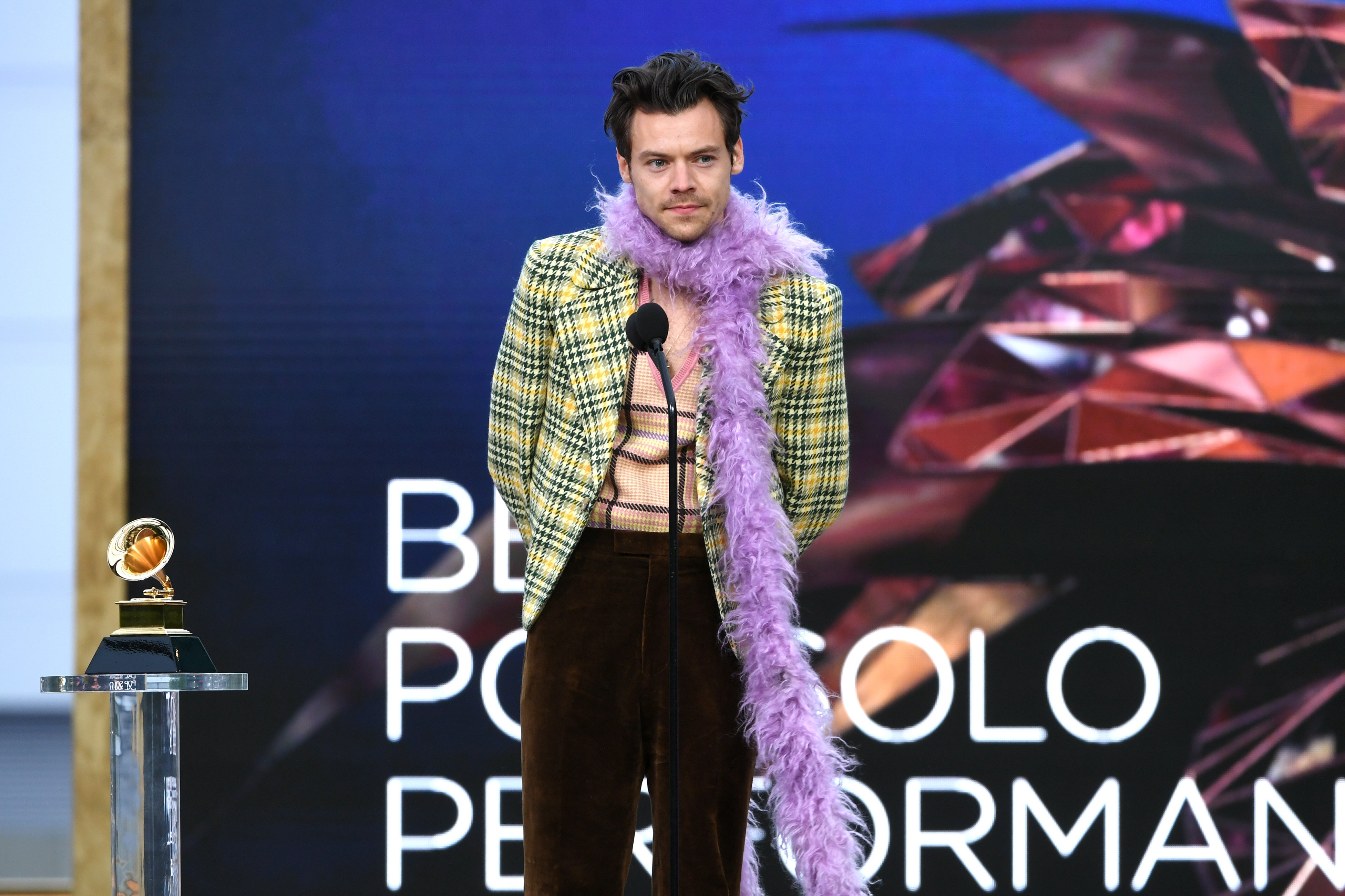 Harry Styles accepts the Best Pop Solo Performance award for 'Watermelon Sugar' during the 63rd Annual Grammy Awards