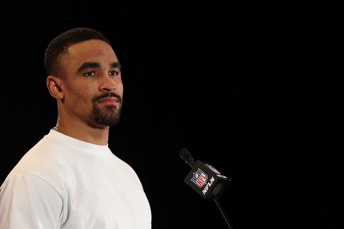 Jalen Hurts #1 of the Philadelphia Eagles speaks to the media during the Philadelphia Eagles media availability prior to Super Bowl LVII