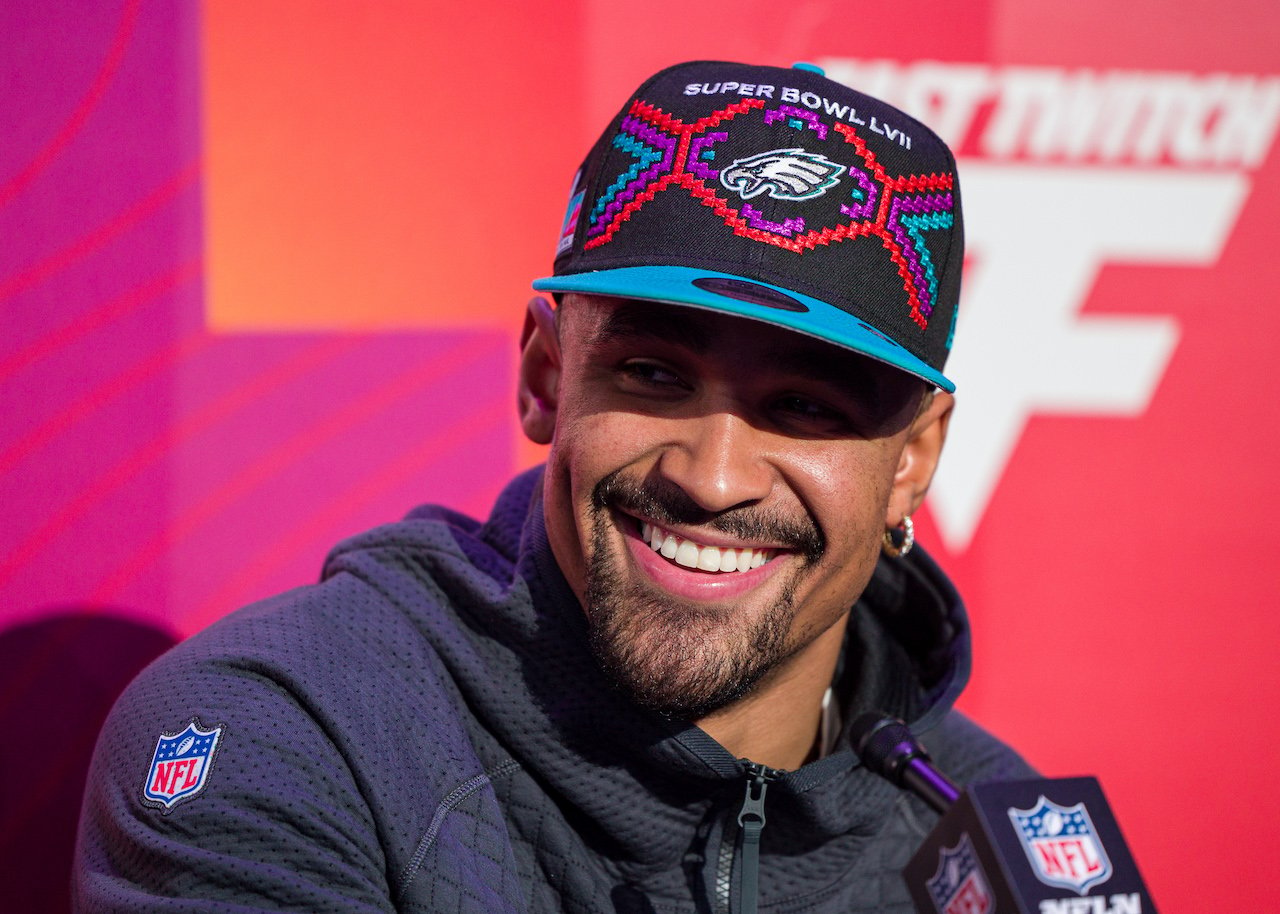 Philadelphia Eagles quarterback Jalen Hurts (1) speaks to the media during the NFL Super Bowl LVII Opening Night on Monday, February 6th, 2023, at Footprint Center in Phoenix, AZ.