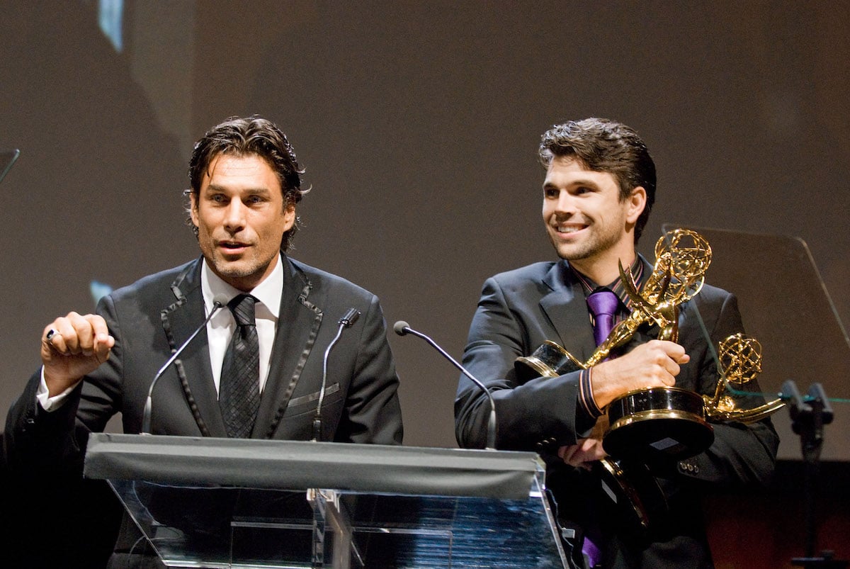2007 Daytime Emmy Awards presenters James Hyde and Dylan Fergus of "Passions" stand onstage