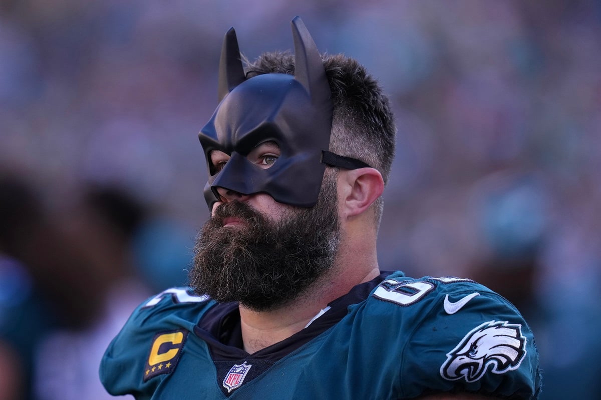 Jason Kelce, whose wife is Kylie McDevitt, wearing a Batman mask