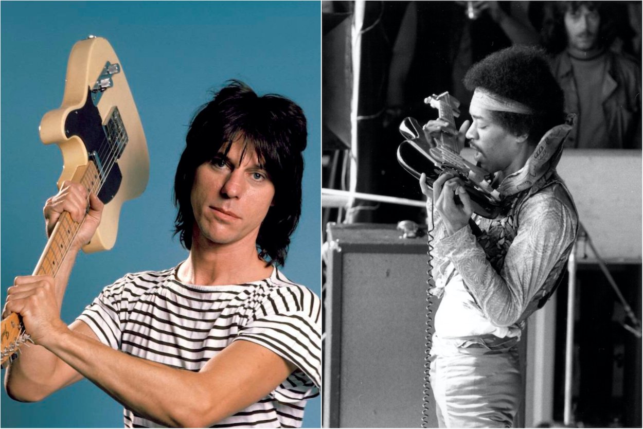 Jeff Beck holds his maple-colored Fender Telecaster like an axe; Jimi Hendrix plays his Fender Stratocaster with his teeth during a 1970 concert in Germany.