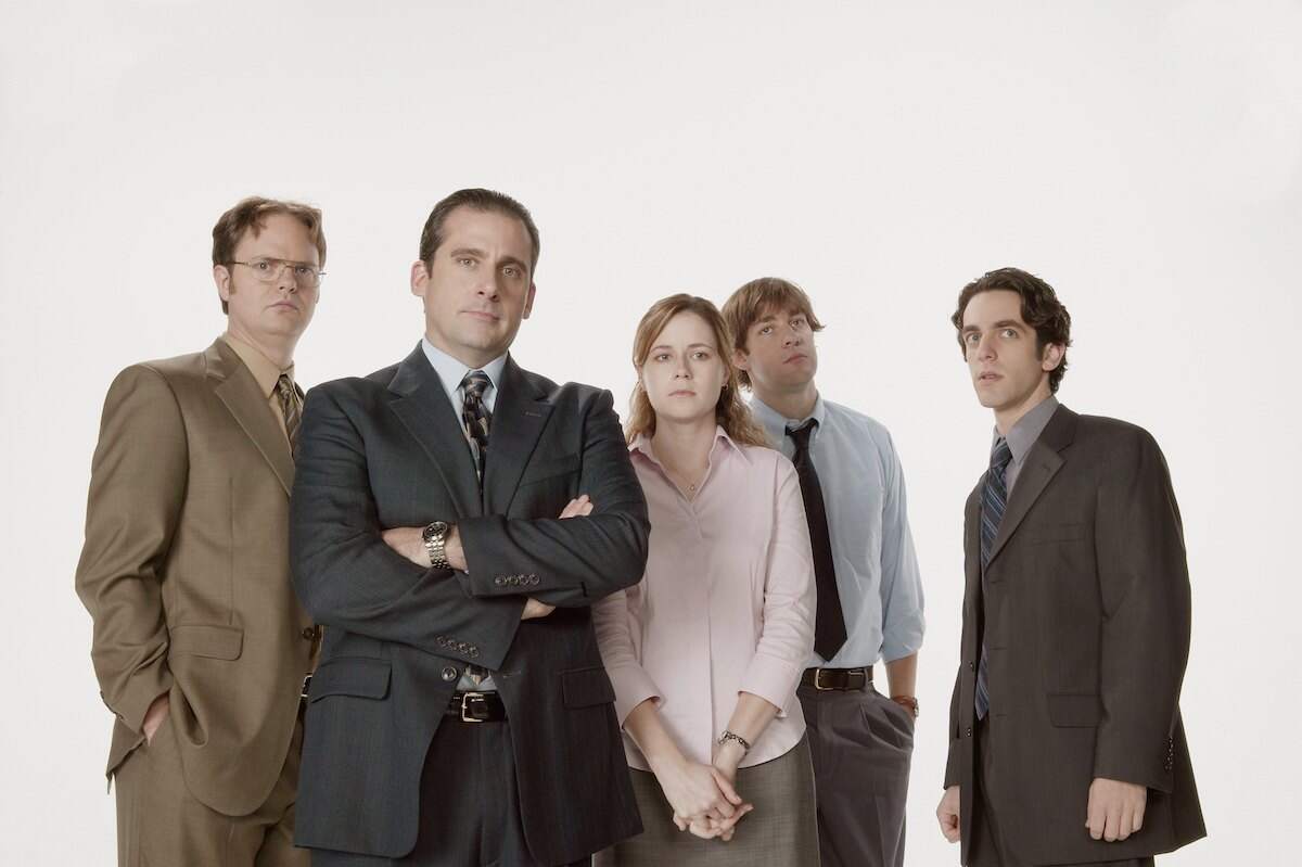 Rainn Wilson, Steve Carell, Jenna Fischer, John Krasinski, and B.J. Novak film promo photos for The Office